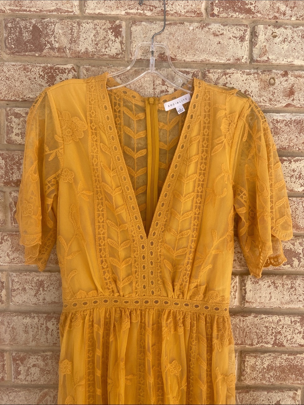 Socialite Yellow Lace Jumpsuit with V-Neck, sheer back, shorts underneath. Small - Picture 2 of 16